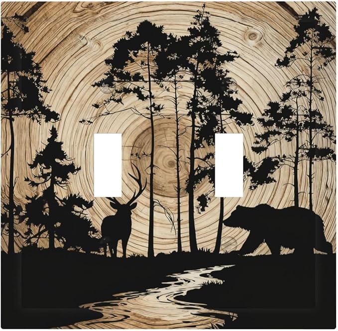 Rustic Forest Antler Black Bear Deer Silhouettes Decorative Switch Plates 2 Gang Double Toggle Outlet Light Switch Cover Wall Plate Electrical Faceplate for Farmhouse Home Decor