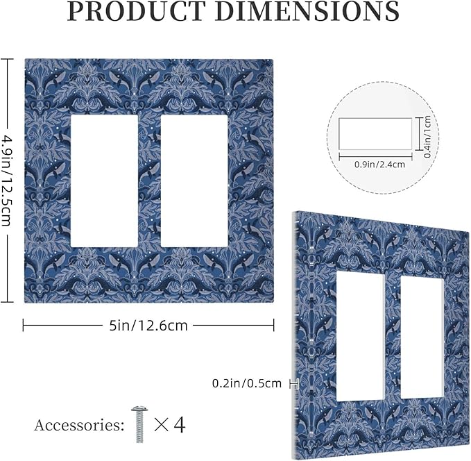 Blue Modern Nautical Art Whale Fish Ocean Damascus Decorative Outlet Covers 2 Gang Double GFCI Rocker Electrical Wall Panels Light Switch Cover Plate for Bedroom Living Room Decor