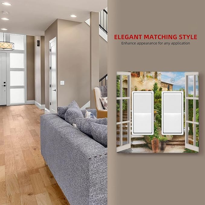 Mediterranean Greece Scene Flowers 2 Gang Double Rocker/Decora Light Switch Cover Decorative Wallplate Italian Town from Another Window Gfci Electrical Faceplate Home Bedroom Art Decor