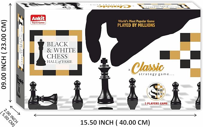 Ankit Toys & Games Black & White Chess Set – Durable, Portable Strategy Game for Kids & Adults Age 6+ Perfect for Family, Parties, Travel, and Gifting (Board Size 38 * 38 Cm)