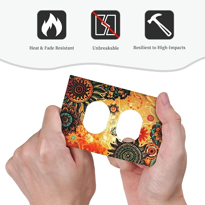 Red Orange Boho Bohemian Flower Floral 1 Gang Receptacle Wall Plate Duplex Outlet Covers Decorative Single Device Switchplate Face Wallplate Bedroom Decorate