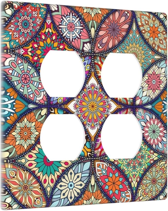 Boho Floral Pretty Colorful Mandala Flowers Outlet Covers 2 Gang Double Duplex Decorative Light Switch Covers Electrical Wallplates Socket Faceplate for Bedroom Living Room Decor
