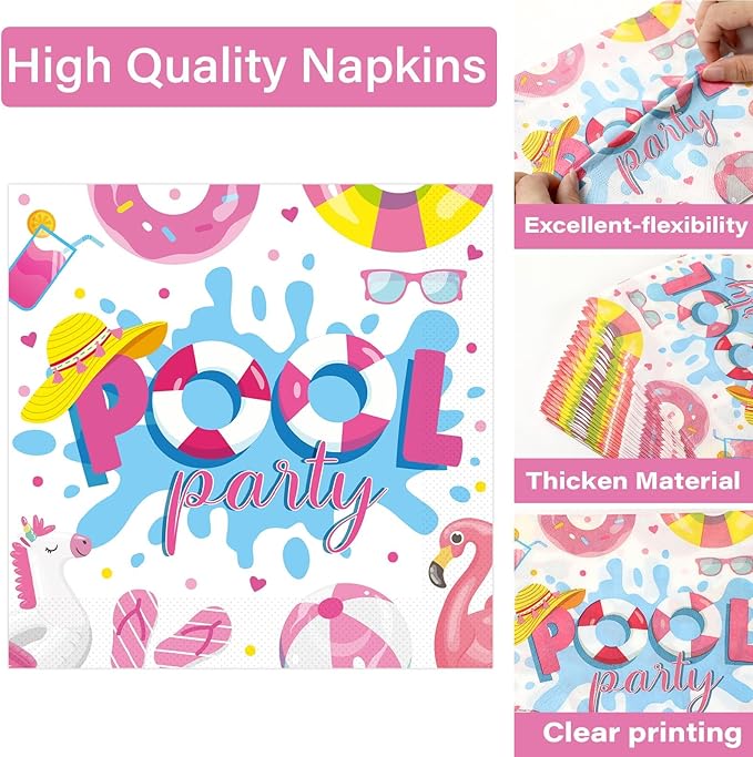 Qyeahkj 100 Pcs Swimming Pool Party Plates and Napkins Set Summer Pool Party Decorations Supplies Pool Disposable Paper Tableware Dinnerware Party Favors Birthday Shower Serves 25