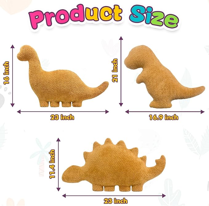 Andywoo Dino Chicken Plush Nuggets Pillow for Funny Birthday Gifts, Cute Funny Stuffed Animals Toy for Boy and Girl, Dinosaur Gifts for Kids Teens and Adults (3 Pack, Large)