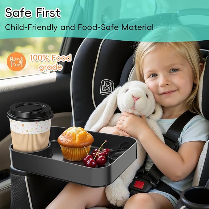 Kids Car Seat Tray, Travel Tray with Cup Holder for Toddler Baby, Kids Car Seat Food Snack Organizer for Road Trip, Stroller Snack Organizer Travel Must Haves Toddler Must Haves (Black, 2 Packs)