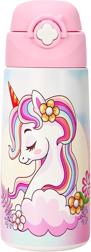 Girls Insulated Water Bottle with Covered Pop-Up Straw,16 oz Kids Cups with Stainless Steel Leak Proof for School Pink（Unicorn）