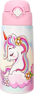 Girls Insulated Water Bottle with Covered Pop-Up Straw,16 oz Kids Cups with Stainless Steel Leak Proof for School Pink（Unicorn）
