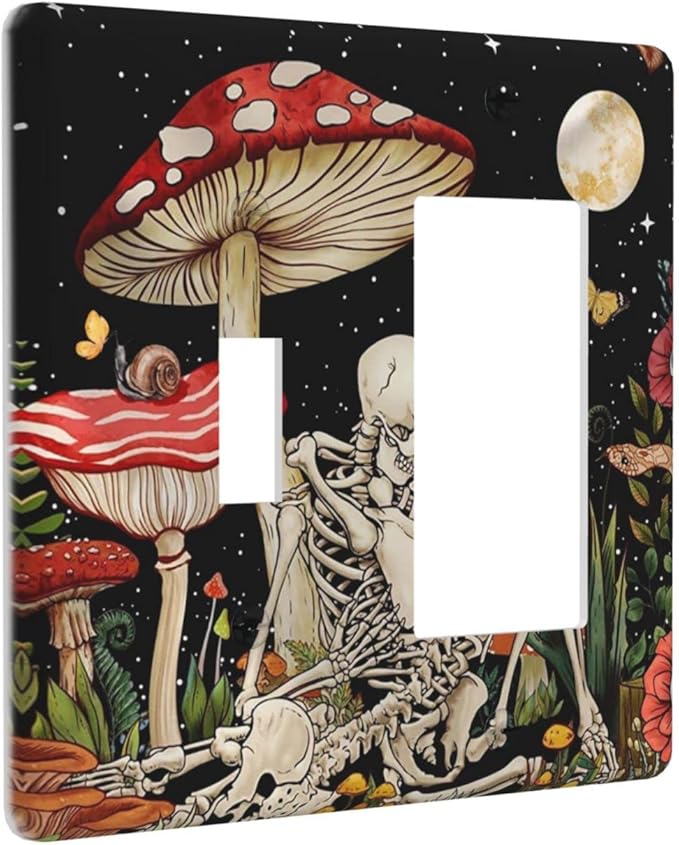 Mushroom Skull Skeleton Moon Combin Wall Plate Cover Decorative 2 Gang Toggle Rocker Light Switch Cover Star Plants Flora outlet cover for Bathroom Home Bedroom Art Panel Decor 4.5 X 4.5 In