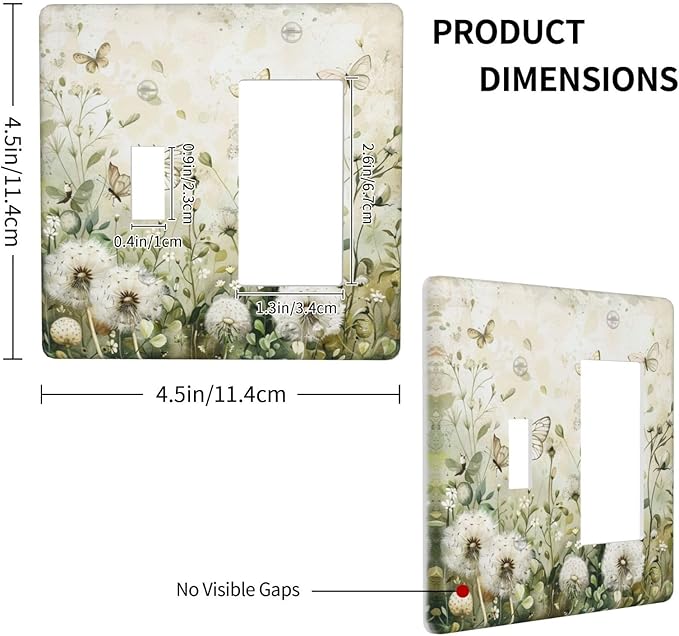 Light Switch Cover Plate Watercolor Butterflies Dandelions Wildflowers 2 Gang Combo Wall Plates Toggle Rocker Decorative Switch Plates and Outlet Covers for Bathroom Bedroom Decor