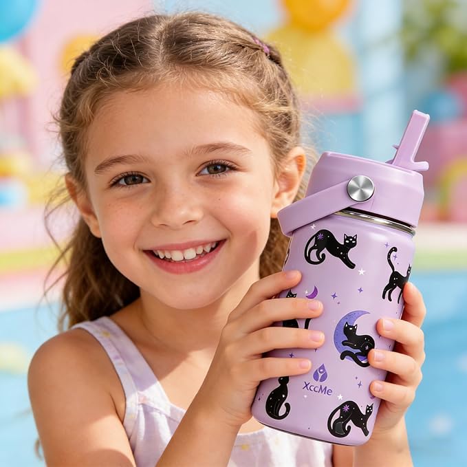 14oz Cat Kids Water Bottle With Straw Lid,Stainless Steel Travel Bottle,Double Wall Leak Proof & BPA-FreeKids Cup,Insulated Tumbler for Toddlers,Metal Bottle for School Boys Girls