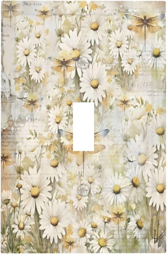 Vintage Letter Paper Wildflowers Dragonfly Daisy Floral Decorative Light Switch Cover 1 Gang Single Toggle Device Electrical Faceplate Switchplates Decorator Outlet Wall Plate for Farmhouse Bedroom