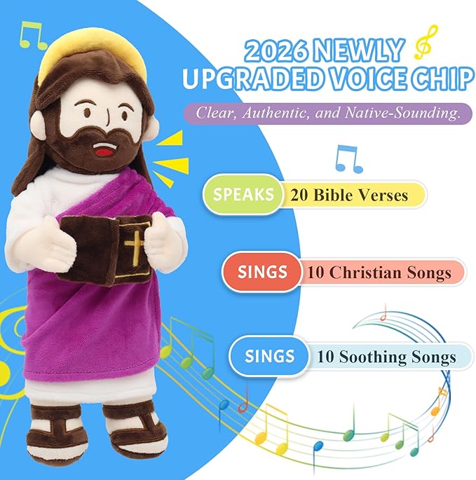 Yelakey Jesus Plush Talking Doll with Halo,Speak 20 Bible Verses & 20 Songs,13.4" Interactive Hymn Stuffed Plushie Perfect Religious Gift for Kids Sunday School & Easter Celebrations(Purple)