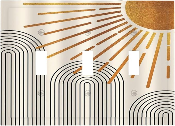 Mid Century Beige Boho Abstract Sun Vintage Arch 3 Gang Light Switch Covers Decorative Triple Toggle Wall Plate Electrical Faceplate Switchplate for Country Bathroom Bedroom Home Decor