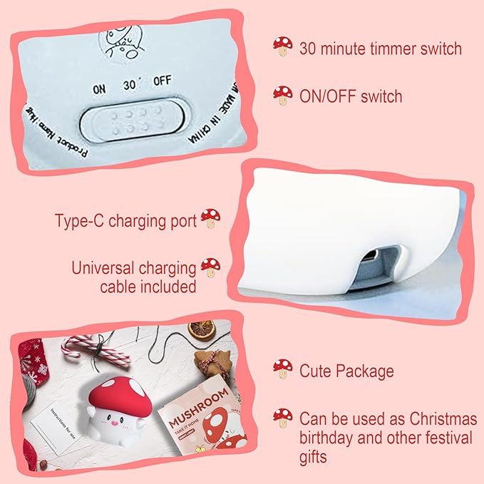 YR YRHH-PET Mushroom Night Light, Cute Hug Mushroom Decor Lamp, Led Squishy Soft Silicone Night Lamp, Dimmable Rechargeable Portable Touch Nightlight for Kids Sleep, Nursery Room Cute Christmas Gifts