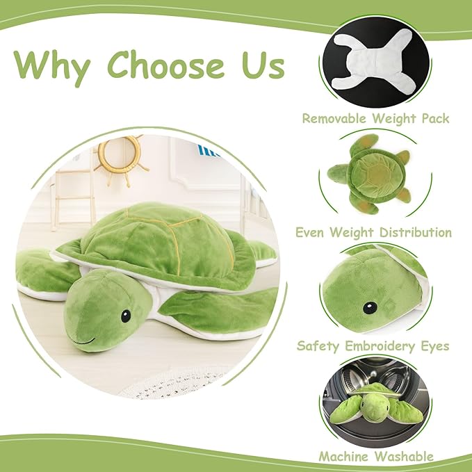 WEIGEDU Weighted Sea Turtle Plush Toy - 20 Inches, 2.3 lbs, Soft & Removable Weight for Kids and Adults - Embroidered Eyes, Comfort
