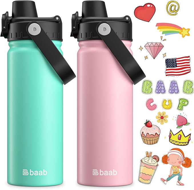 baab 18oz Kids Water Bottle, Insulated Kids Water Bottle with Lockable Spout Lid & Stickers, 18/8 Stainless Steel Vacuum Leakproof Kid Water Cup for Boy Girl School (Pink+Mint Green, 2 Pack)