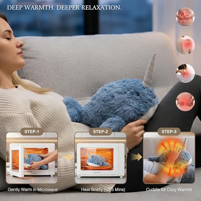 Aplushuman® Microwavable Heating Pad Narwhal Plush - Weighted Stuffed Animal Toy with Tourmaline Beads & Lavender - 1.8 lb for Long Lasting Cozy Warmth - Includes Gift Box & Greeting Card