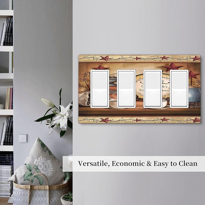 Kitchen Western Cabin Coffee Beans 4 Gang Screwless Quad Decorator Wall Plate Country Lodge Life Cafe Electrical Quadruple Device Rocker/Gfci Dimmer Receptacle Outlet Light Switch Cover Face Plate