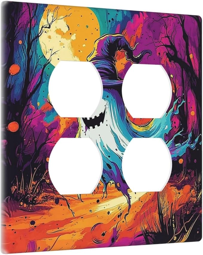 Outlet Covers Ghost Colorful Forest Moon Dead Tree 2 Gang Double Duplex Decorative Light Switch Covers Electrical Wallplates Socket Faceplate For Nursery Kids Room Decor
