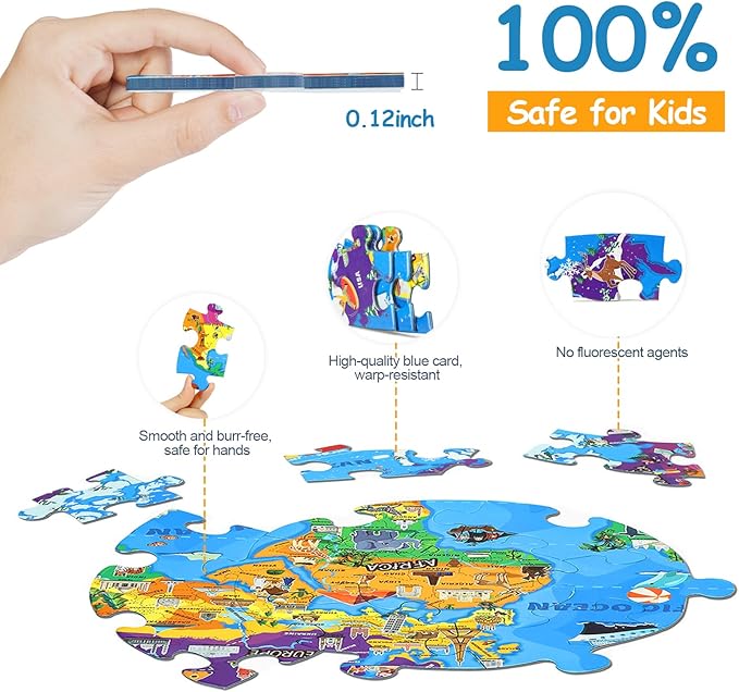 Glow in The Dark World Map Puzzles for Kids 4-6, 70 Pieces Large Globe Floor Puzzles for Kids Ages 6-8 Continents Geography Puzzle Educational Learning Toys for Children, Easter Gifts for Kids