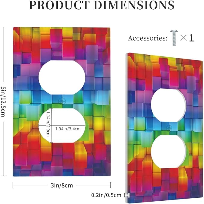 3D Colorful Rainbow Wall Abstract Squre Shaped 1 Gang Outlet Plate Decorative Single Duplex Wall Plate Covers Unique Electrical Receptacle Light Switch Cover Art Faceplate Switchplate for Living Room