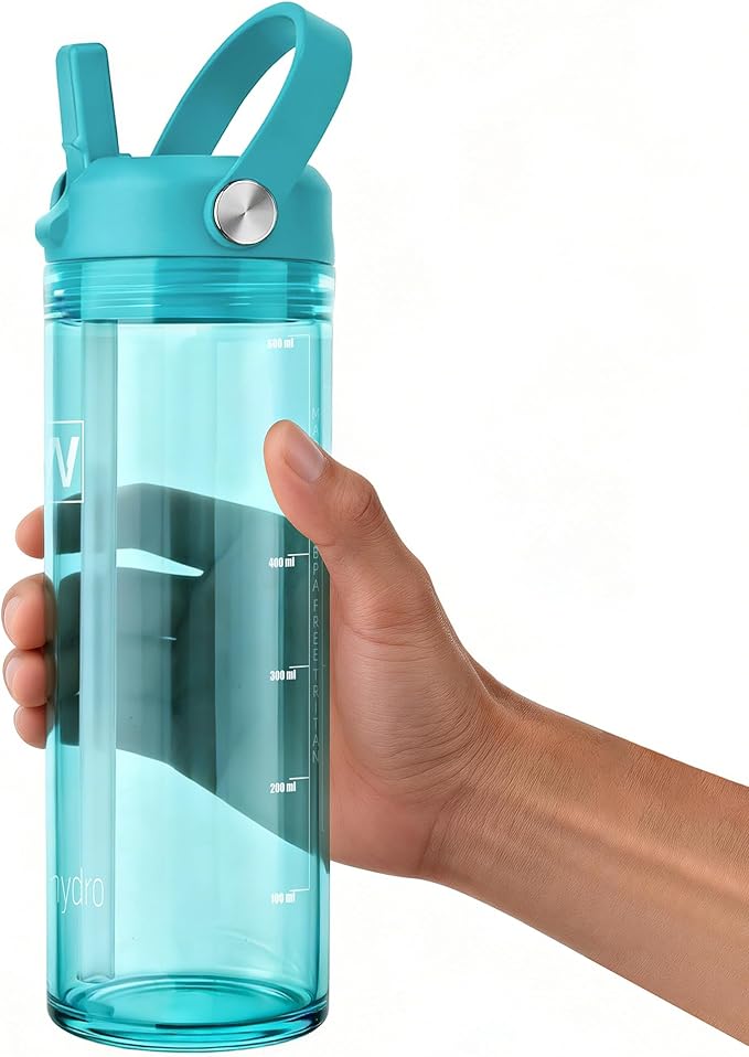 20oz Kids Water Bottle, BPA Free Thick Tritan Plastic Reusable, Clear Water Bottle with Straw, Leakproof Lid, Dishwasher Safe, Boy girl for School,Travel,Cool Mint Blue