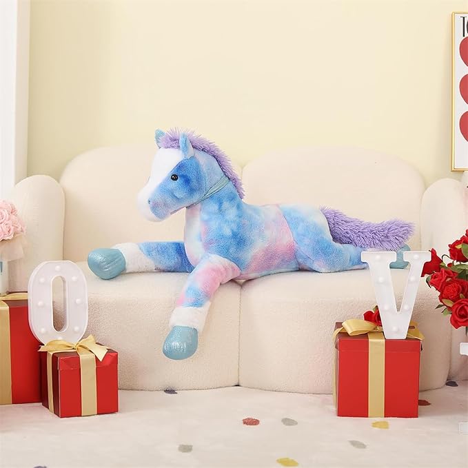 Tezituor 4ft Giant Horse Stuffed Animals, 47inches Lifesize Stuffed Pony Plush Toy, Hugging Soft Blue Horse Body Pillow Gift for Adult Kids