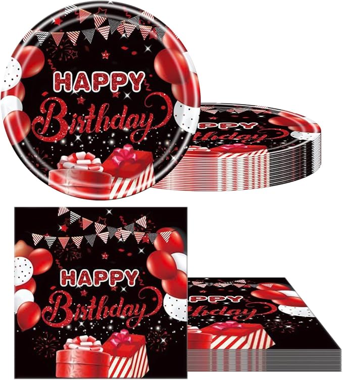 Red and Black Birthday Party Tableware Supplies Set, Red Birthday Party Confetti Sprinkles Theme Party Decorations 40PCS