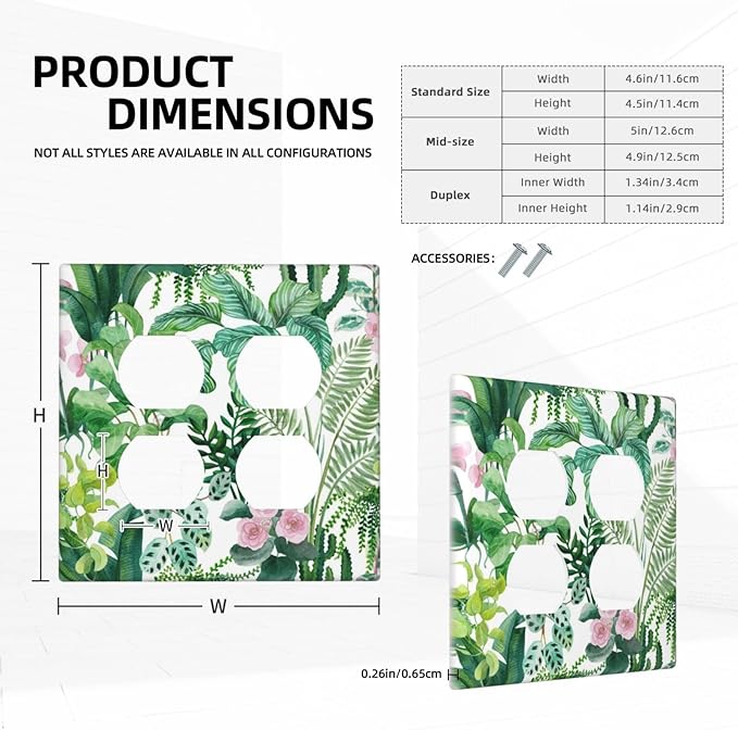 Tropical Palm Leaves Green Jungle Botanical Floral Flowers Outlet Covers 2 Gang Double Duplex Decorative Light Switch Covers Electrical Wallplates Socket Faceplate for Bedroom Living Room Decor