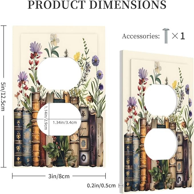 Plant Floral Books Colorful Flower Outlet Covers 1 Gang Duplex Light Switch Cover Decorative Switch Plates Electrical Receptacle Faceplate Wall Plate for Kids Room Bedroom Decor
