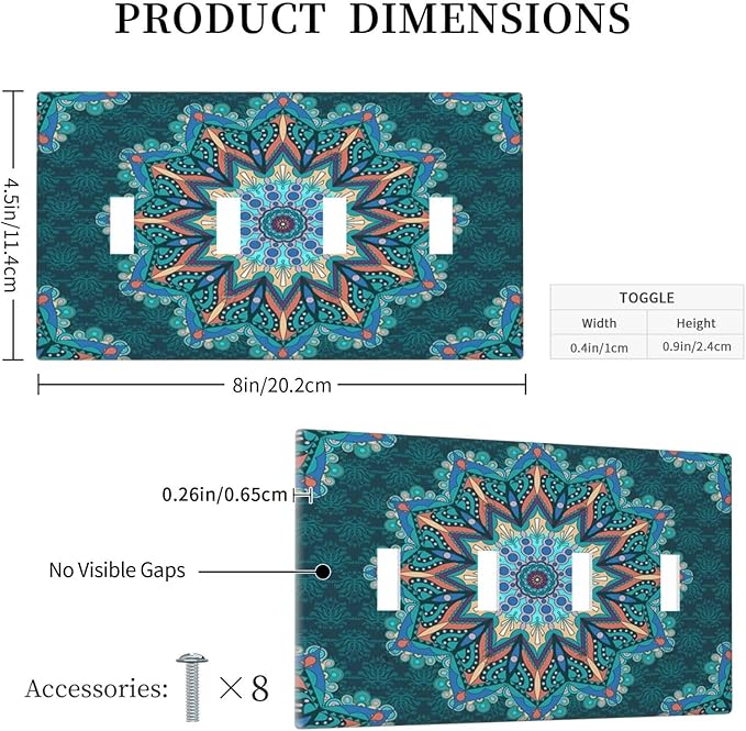 Light Switch Cover Boho Hippie Colorful Mandala 4 Gang Switch Plate Quad Toggle Wall Plates Decorative Switchplate Electrical Outlet Cover Plates for Bathroom Home Decor