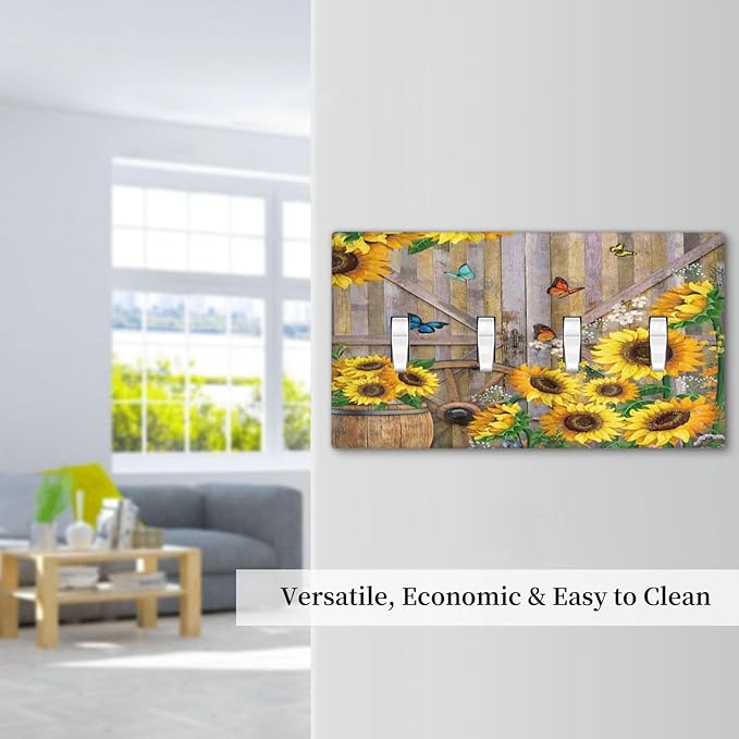 Rustic Sunflower Barn Door Country Wood Plank Butterfly Quad Toggle Light Switch Covers Decorative 4 Gang Wall Plate Electrical Faceplate Switchplate for Farmhouse Bathroom Bedroom Decor
