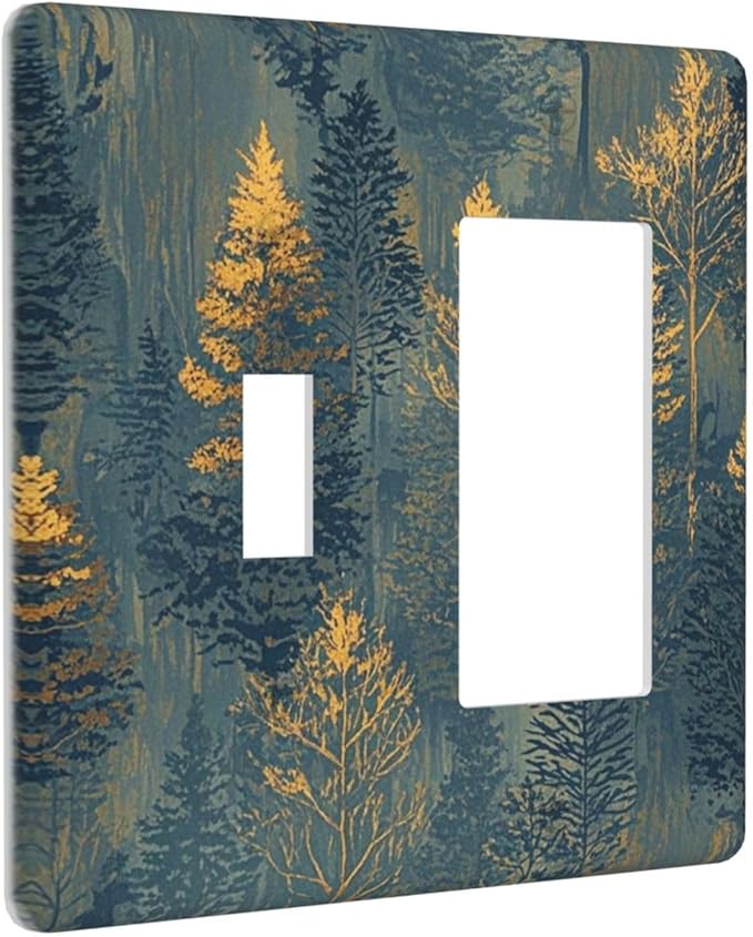 Decorative Toggle Switch Cover Plate with Golden Trees & Abstract Gradient Forest Landscape Design 2-Gang 1-Gang Standard Wall Plate Light Switch Cover for Blue Retro Home Decor