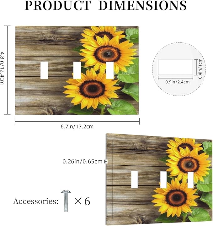 Decorative Switch Plates Sunflowers Rustic Wood 3 Gang Wall Plate Triple Toggle Light Switch Cover Faceplate Electrical Wall Panels For Farmhouse Cabin Decor