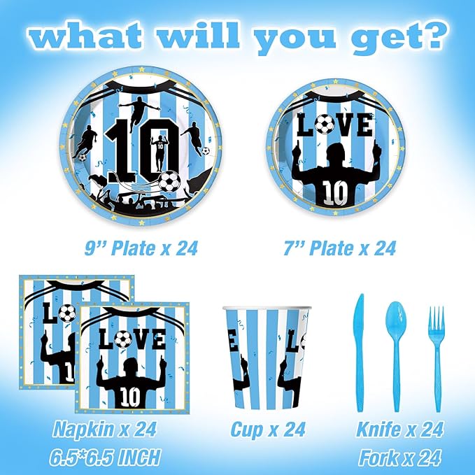 Soccer Star Party Supplies for Kids Birthday Party, Blue & White Legendary Football Star Party Decorations Disposable Tableware Set With Plates, Cups, Napkins & Cutlery for 24 Guests