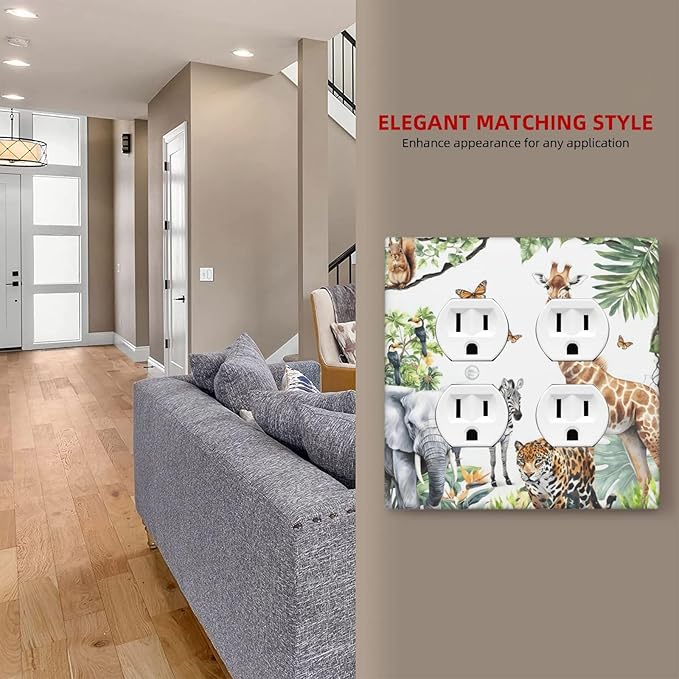 Elephant Giraffe Jungle Animals Leopard Zoo Outlet Covers 2 Gang Double Duplex Decorative Light Switch Covers Electrical Wallplates Socket Faceplate for Kids Room Nursery Decor