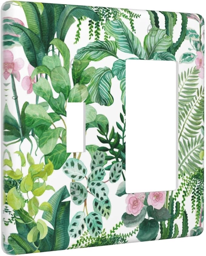 Tropical Palm Leaves Green Jungle Botanical Floral Flowers Outlet Covers 1 Toggle 1 Rocker Combination Decorative Wall Plate Electrical Switch Plates Light Switch Cover Plate for Bedroom Living Room