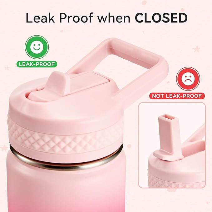 Fijinhom 12 oz Kids Water Bottle, Toddler Water Bottle with Straw, Boys&Girls Bottle for School, 304 Stainless Steel Vacuum Insulated Bottle for Kids, BPA-Free, Leak-Proof, Cherry Blossom