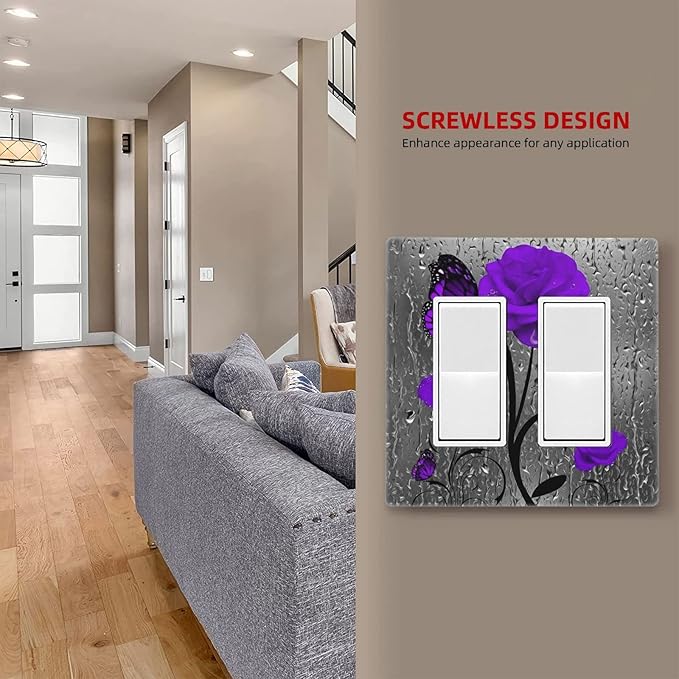Purple Butterfly Rose Flower 2 Gang Double Rocker/Decor Light Switch Cover Decorative Outlet Wall Plate Electrical Faceplate For Girls Room Bedroom Decorate Screwless 4.7" x 4.6 Large Size