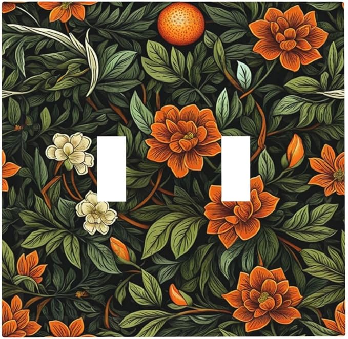 Light Switch Cover Plate William Morris Orange Flowers Rustic Leaves Floral 2 Gang Double Toggle Decorative Switch Plates Wall Plates Electrical Faceplate for Bathroom Bedroom Decor