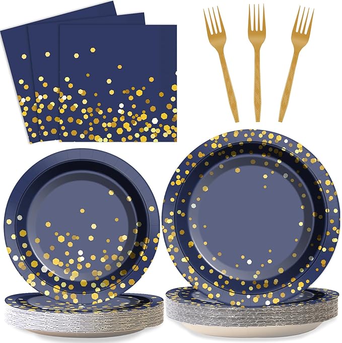 96 Pcs Blue and Gold Party Plates Napkins Tableware Set Navy Gold Dot Supplies Disposable Dinnerware Blue Birthday Party Decoration Favors for Wedding Bridal Baby Shower Graduations Party, 24 Guests