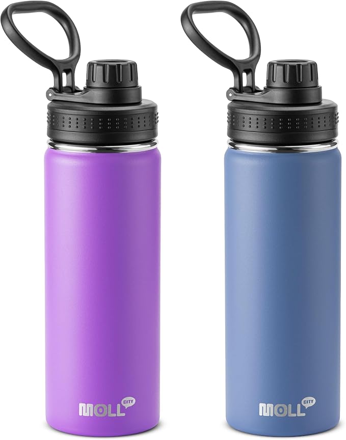 2 Pack 18 oz Water Bottle Stainless Steel Vacuum Insulated Wide Mouth Sports Water Bottle Flask with Leakproof Spout Lid (Royal Blue-Purple)