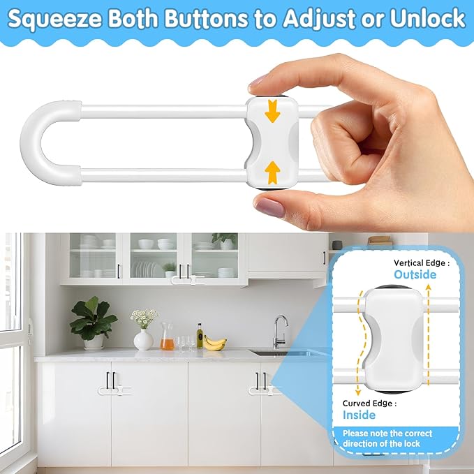 Modacraft 15 Pcs Sliding Cabinet Latches, U Shaped Cabinet Door Locks, Baby Cabinet Safety Latches for Baby Proofing, No Drilling Tool-Free Installation Easy to Use for Knobs or Handle Double Door