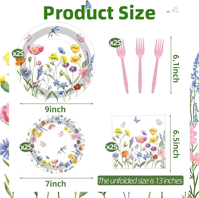 100 Pcs Spring Floral Party Supplies Set, Serves 25 – Disposable Flower Paper Plates, Napkins, and Forks, Garden Bloom Themed Tableware for Picnic, Tea Party, Birthday, and Mother’s Day Decorations