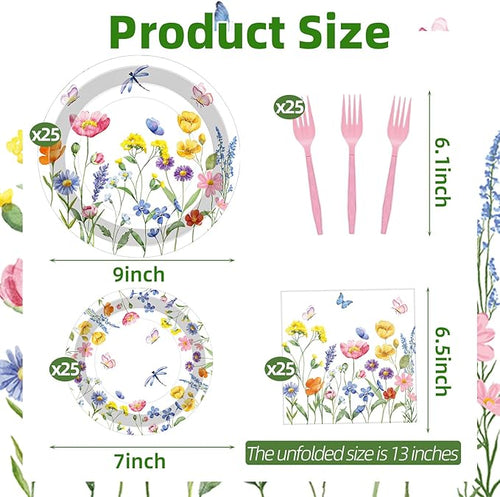 100 Pcs Spring Floral Party Supplies Set, Serves 25 – Disposable Flower Paper Plates, Napkins, and Forks, Garden Bloom Themed Tableware for Picnic, Tea Party, Birthday, and Mother’s Day Decorations