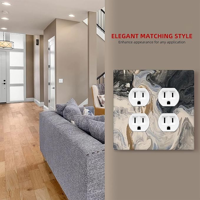 Outlet Covers Black Gold Swirl Fluid Painting Marble 2 Gang Double Duplex Decorative Light Switch Covers Electrical Wallplates Socket Faceplate For Bathroom Kitchen Decor