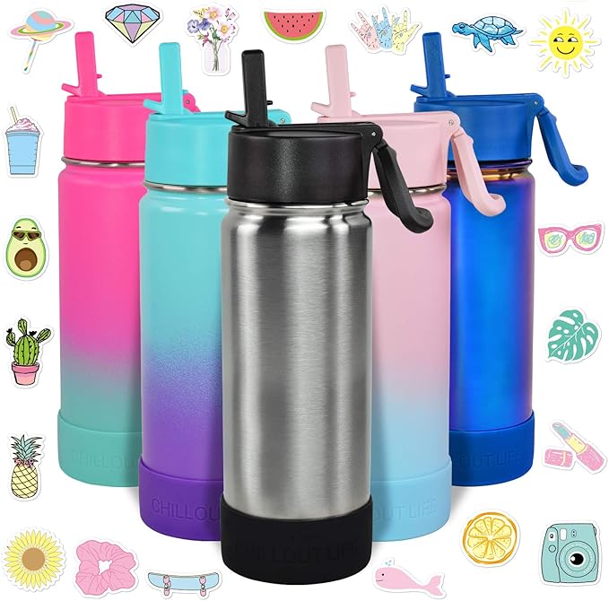 CHILLOUT LIFE 17 oz Kids Insulated Water Bottle for School with Straw Lid Leakproof and Cute Waterproof Stickers, Personalized Stainless Steel Thermos Flask Metal Water Bottle, Dishwasher Safe Color