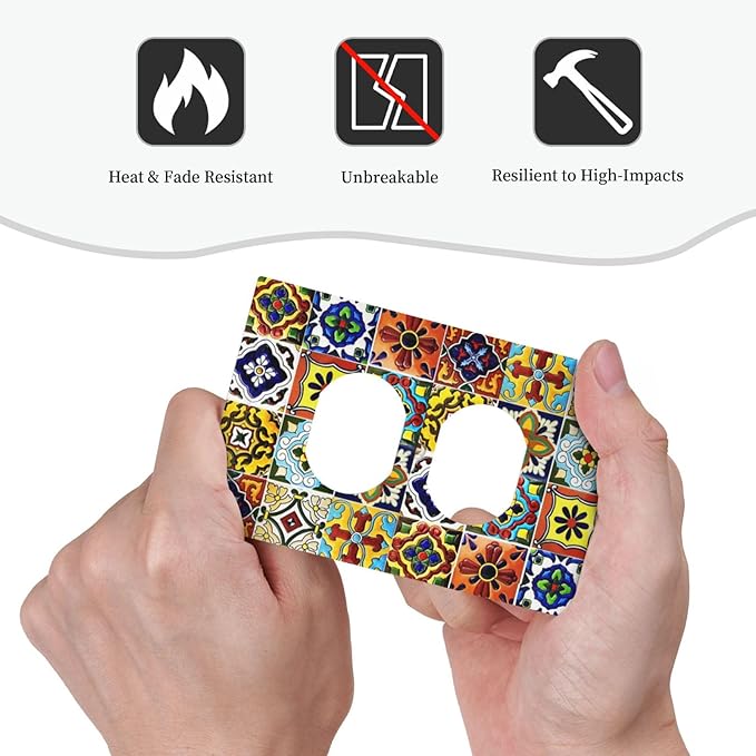 Colorful Mosaic Moroccan Mexican Bohemian Boho Talavera Style Ceramic Tile 1 Gang Duplex Wall Plate Electrical Receptacle Outlet Cover Decorative Dual Device Mid Size Light Switch Plug Face Plate