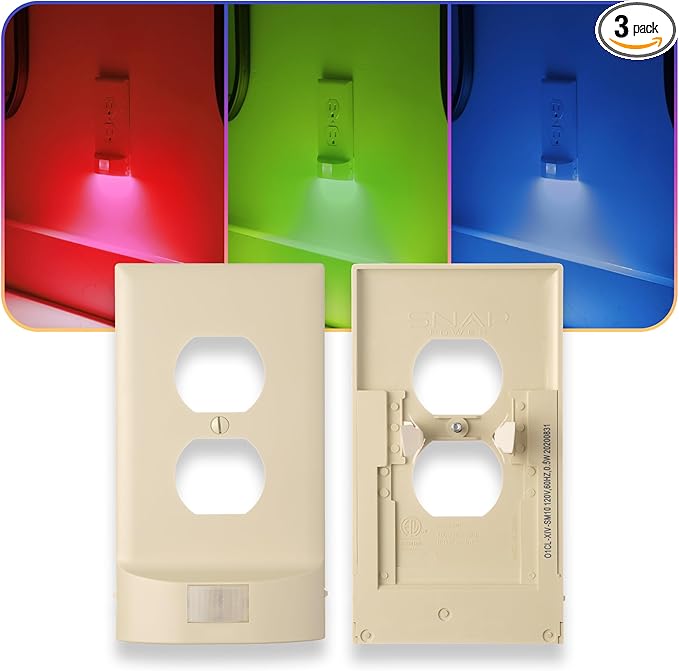 3 Pack - SnapPower Multi-Color GuideLight – Outlet Cover RGB Lights, Customizable Ambient Lighting/Mood Lighting for Home, Kitchen, Gaming Room, Kids Bedroom, Nursery, Holiday Decor (Ivory, Duplex)