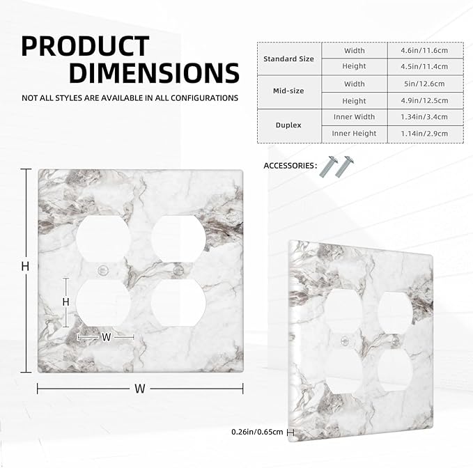 White And Gray Marble Patterns Texture Abstract Print Outlet Covers 2 Gang Double Duplex Decorative Light Switch Covers Electrical Wallplates Socket Faceplate for Bathroom Kitchen Decor